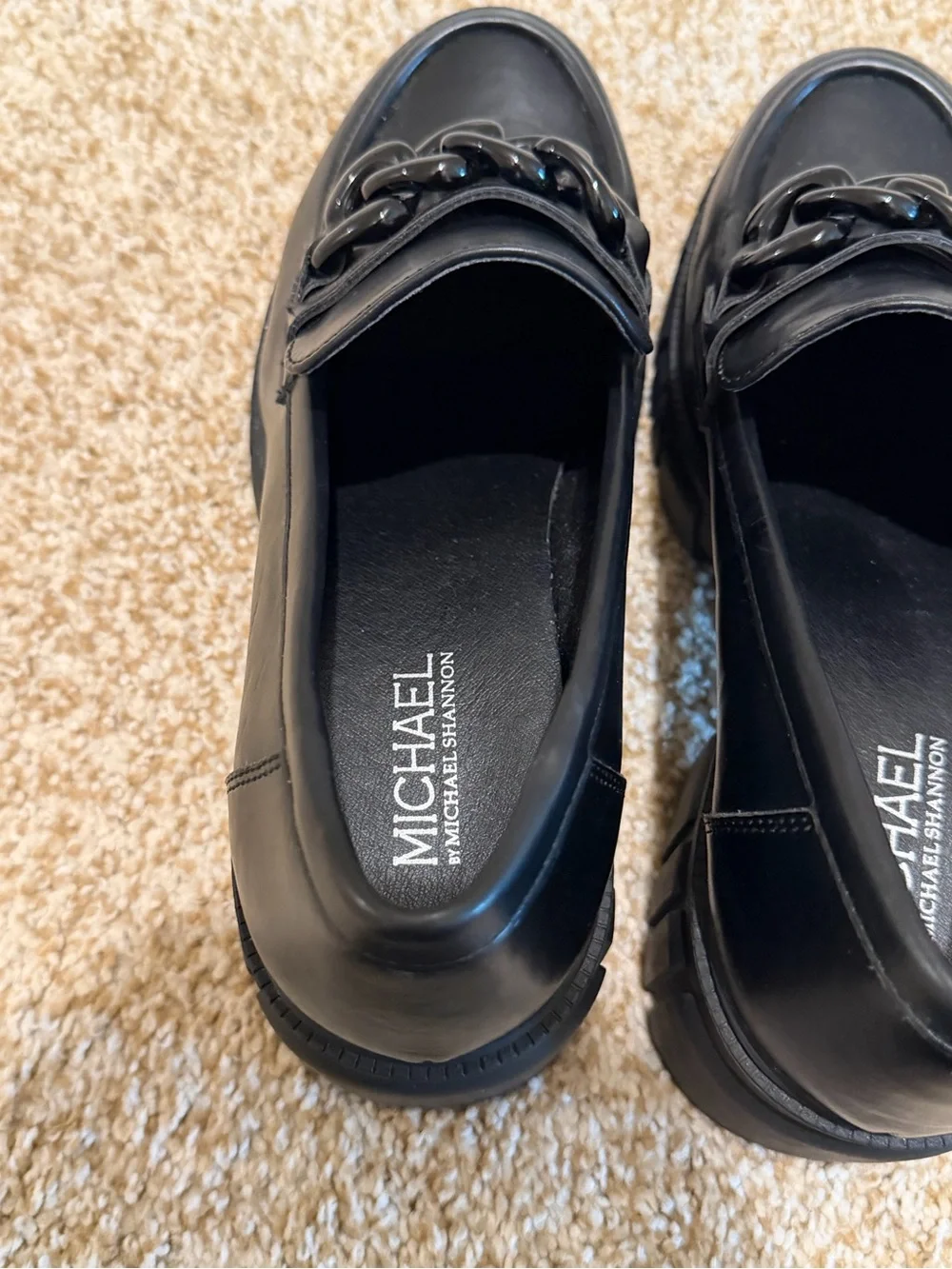 Michael Shannon Black Chunky Emilia Platform Loafers with Chain Detail Size 9